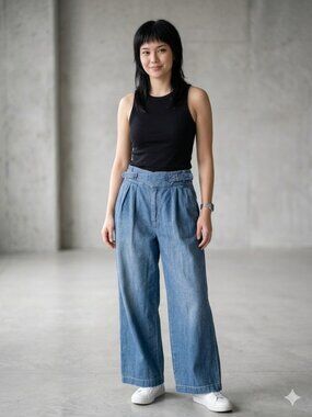 Lauren Ralph Lauren Denim Trouser Pants Womens 8 High Rise Pleated Wide Leg Crop